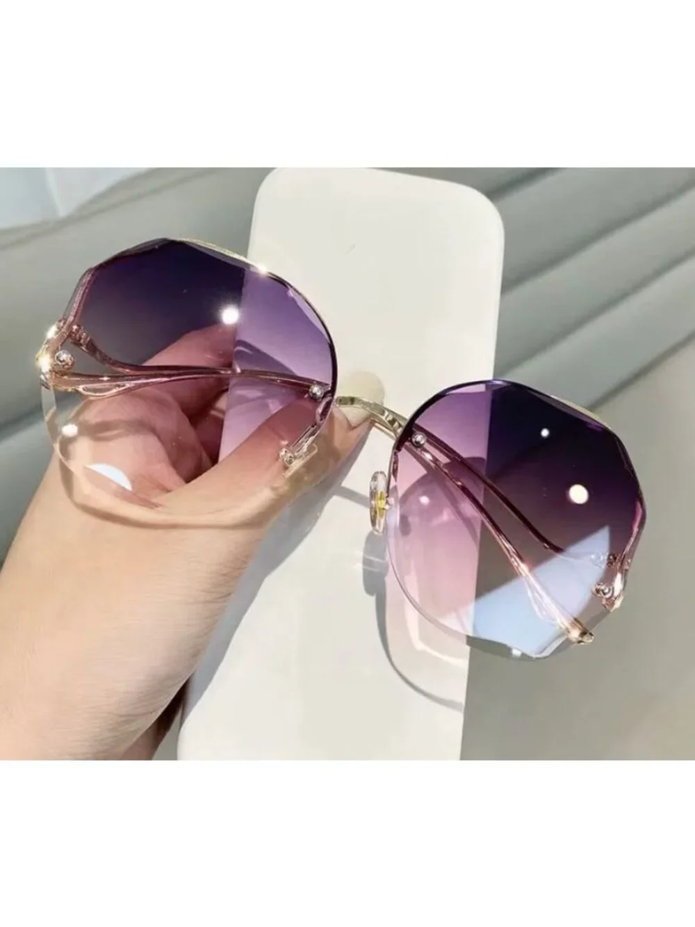Octagon Purple & Pink Gradient Oversized Sunglasses With Unique Gold Metal Frame